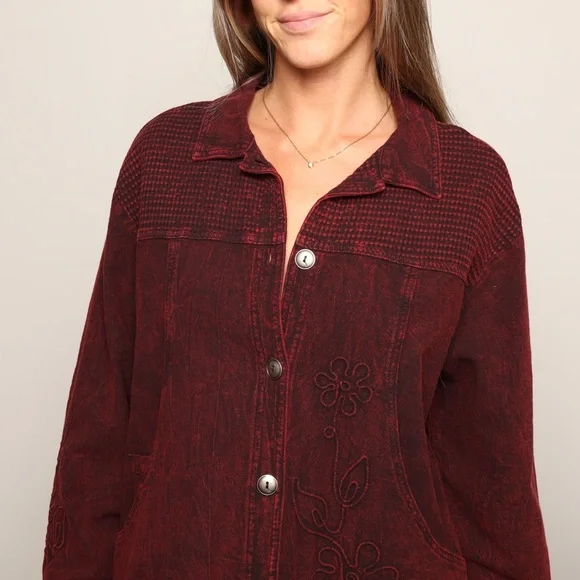 Vintage Red Black Wash 3D Floral Detail Full Button Jacket - Picture 2 of 4